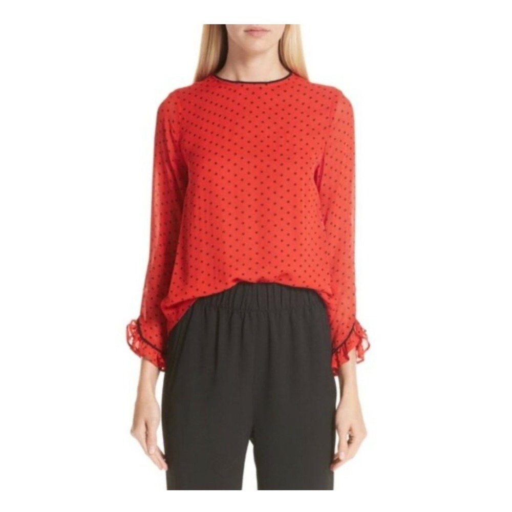 Ganni Georgette Polka Dot Plissé Blouse Red Black Ruffle Cuff Top French Girl